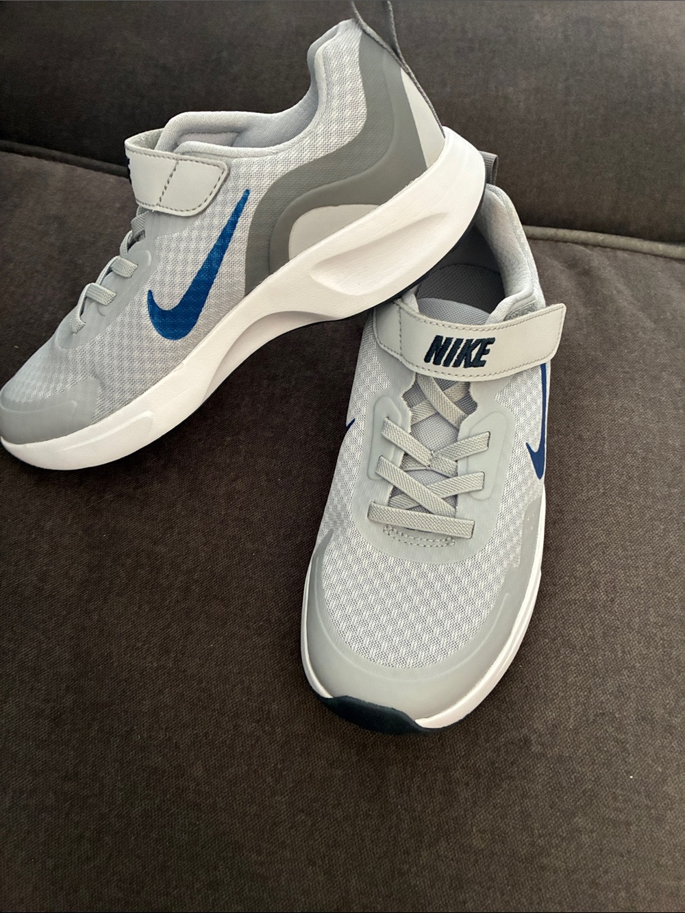 Nike Kids Light Gray and Blue Hook-and-Loop Sneakers